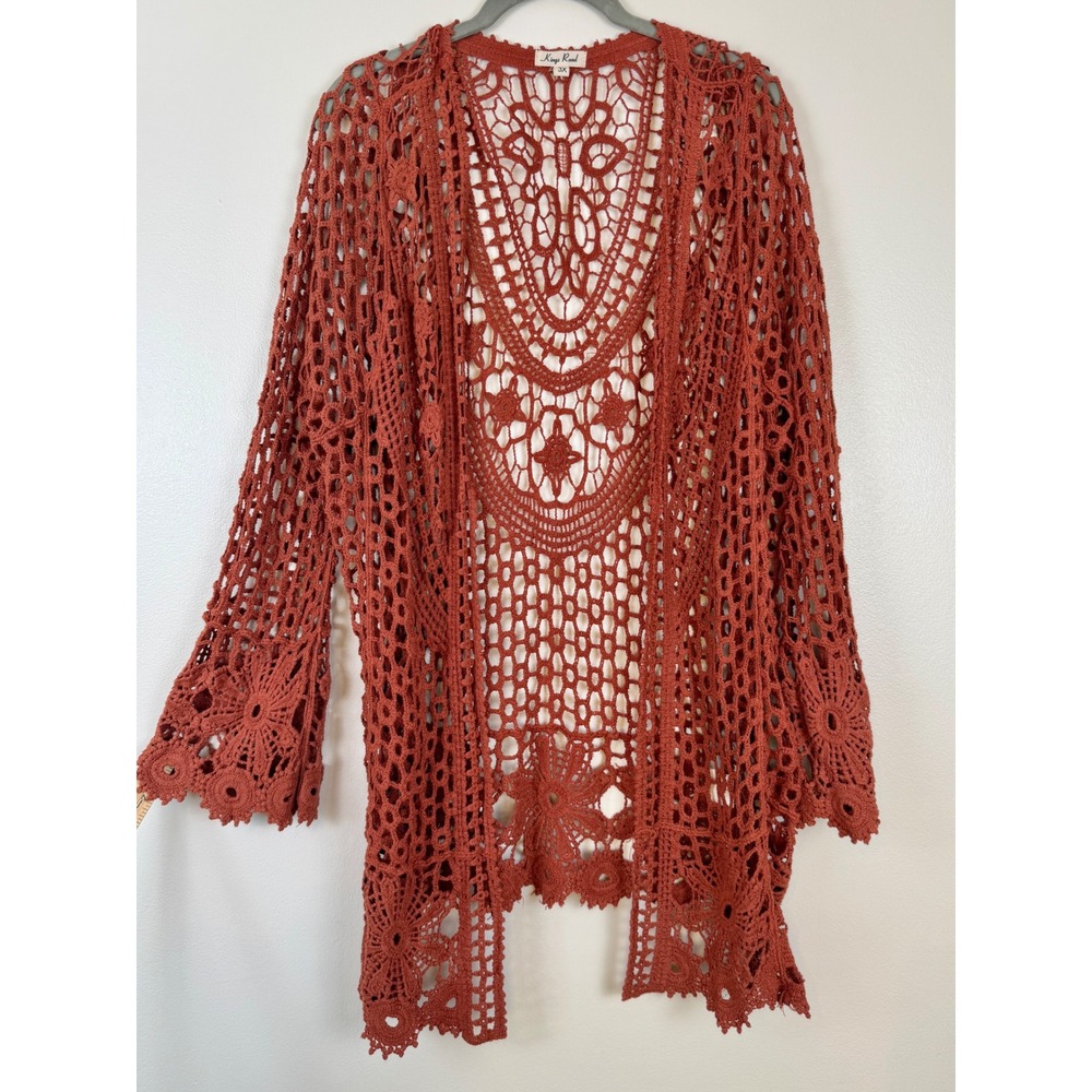 Rust Crochet Duster Cardigan 3X Boho Kimono Bell Sleeve Whimsigoth Witchy Fall